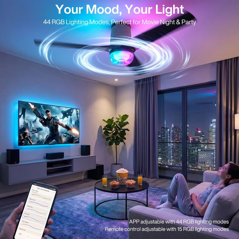 Flush Mount Ceiling Fan with Light and Remote, Smart RGB LED, Black image number 3