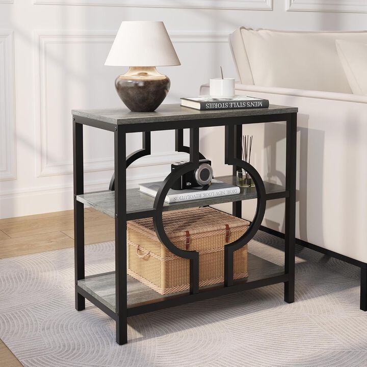 End Table, Narrow Side Table with 3-Tier Storage Shelves, Nightstand with Storage Shelf, Wood Sofa Side Table for Living Room, Bedroom