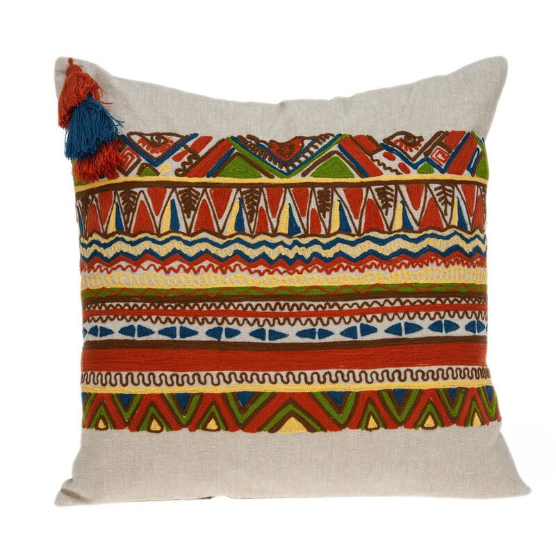HomeRoots 20" Beige and Orange Striped Cotton Blend Throw Pillow With Embroidery image number 0