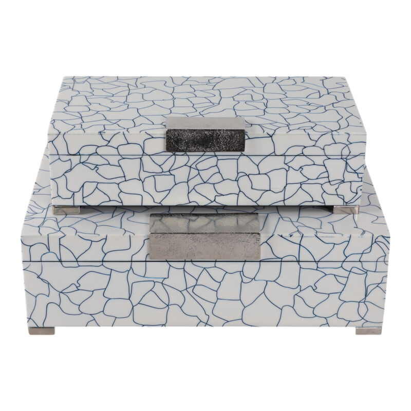 S/2 12/14" Squiggle Lines Footed Boxes, Navy/white image number 3