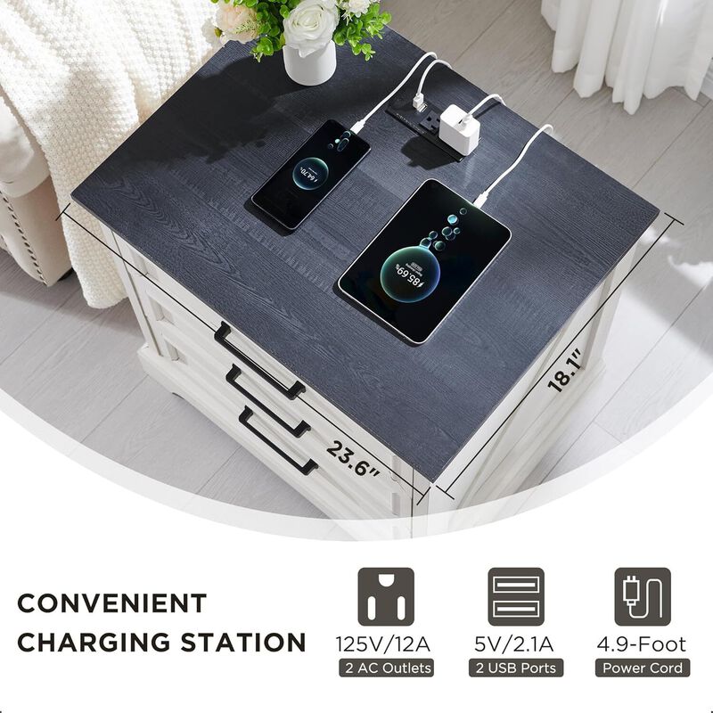 Farmhouse Nightstand Set of 2 with Charging Station, 22 Inch Wide End Table with 3 Large Drawers & Bar Handles, Rustic Wood Small Dresser, Off White image number 4