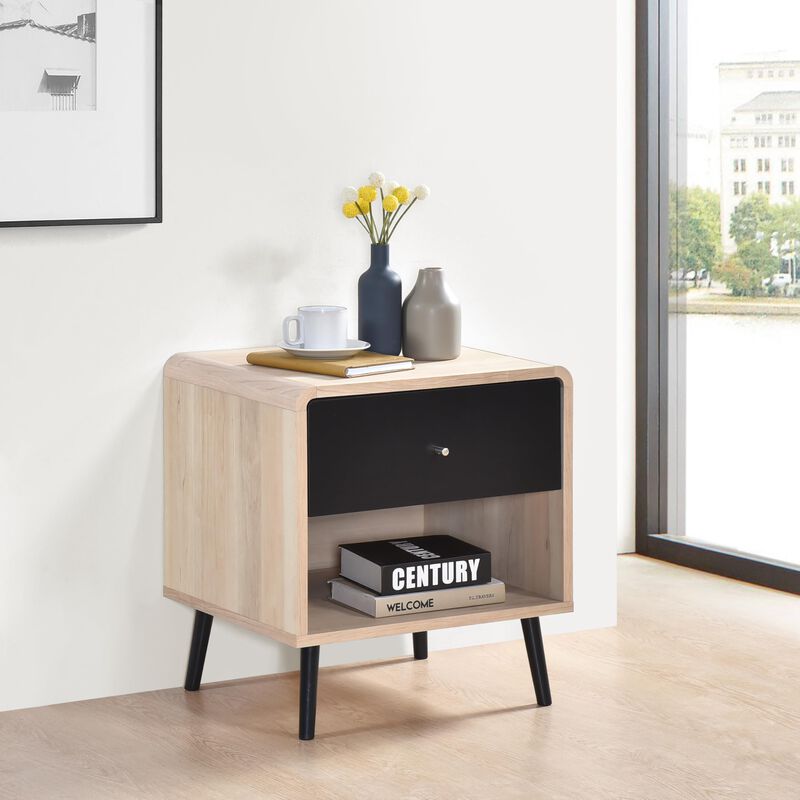 Kings Brand Furniture Nathan End Table with Open and Close Shelving Perfect for Living Room, Bedroom (Oak with Black Front Panel)
