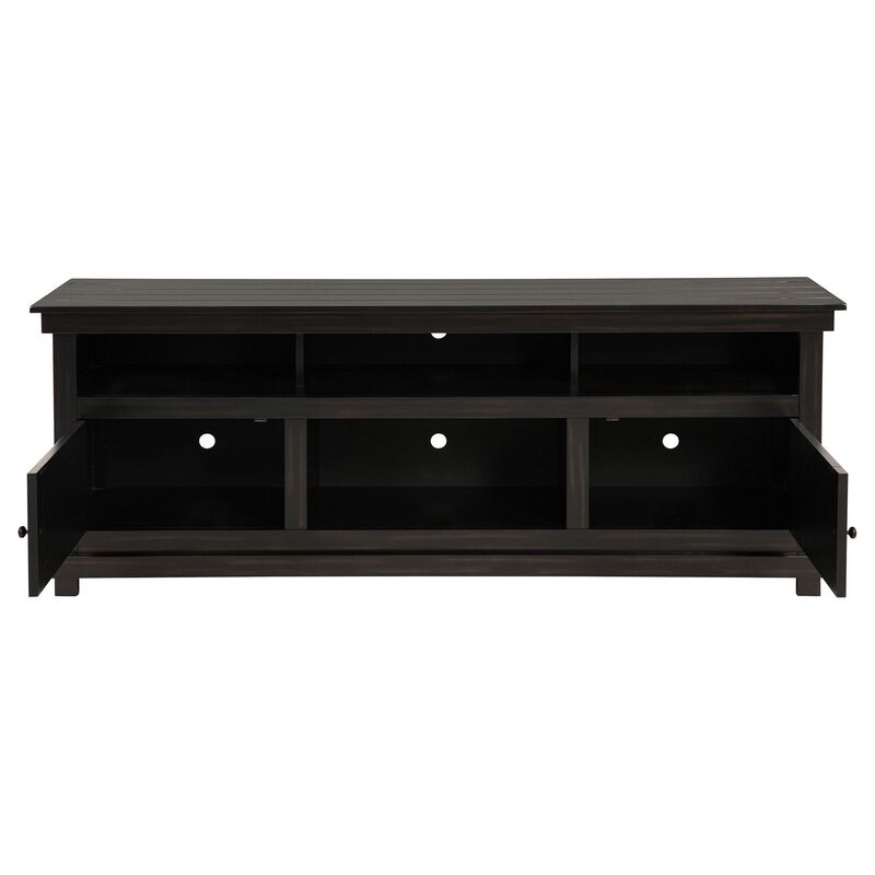 Ayne TV Stand Media Cabinet, 2 Doors and 4 Shelves, Black Wood 70 Inch - Benzara