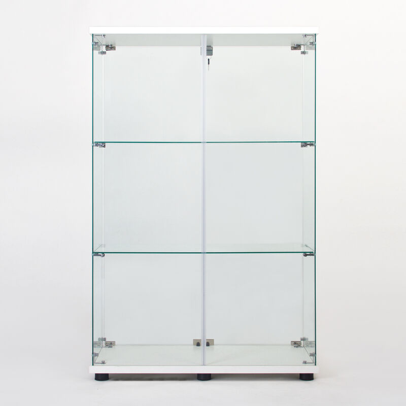 Two Door Glass Cabinet Glass Display Cabinet with 3 Shelves, White