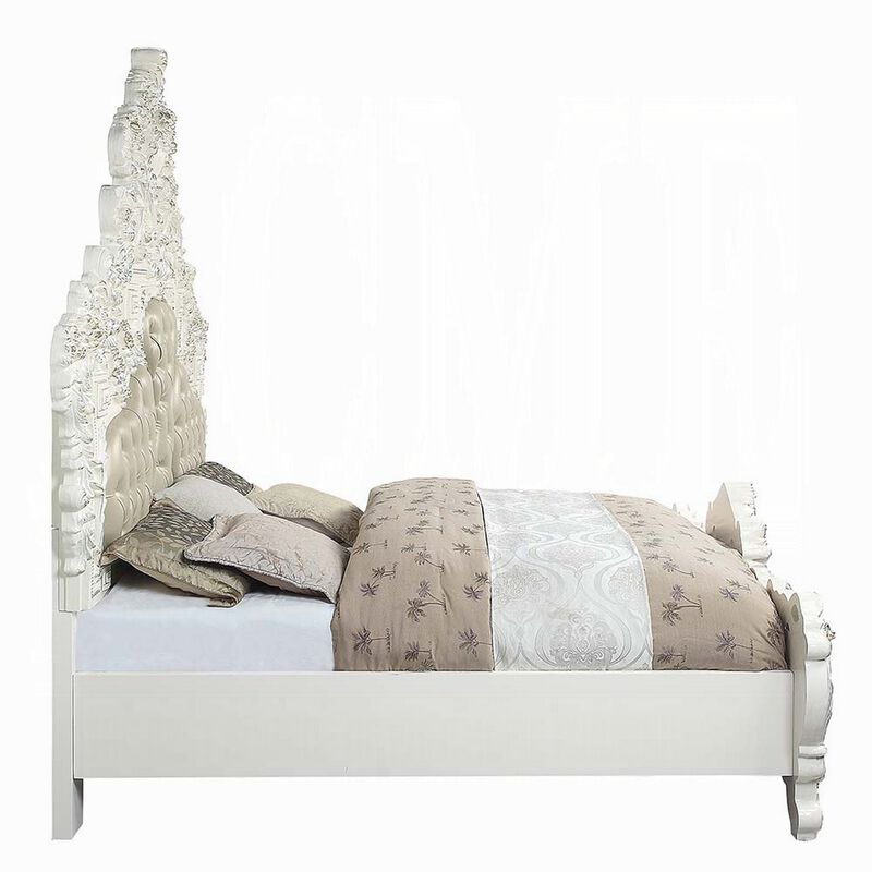 Kin King Size Bed, Ornate Vintage White, Tufted Beige Faux Leather - Benzara