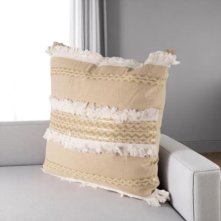 HomeRoots 22" Tan And White Geometric Linen Throw Pillow Cover with Fringe