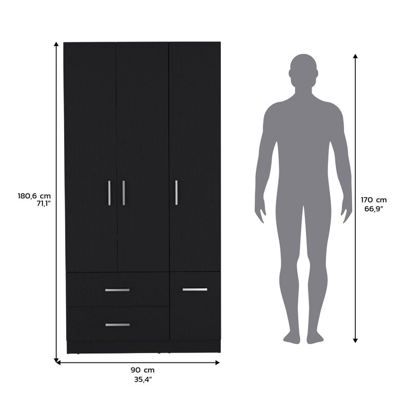 Sebree Armoire Wardrove 71", 4 Doors, Hanging Rod, 3 Cabinets, 6 Shelves, Black , Bedroom