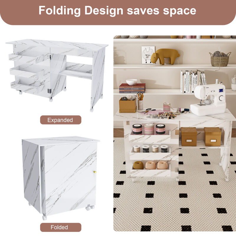 Folding Sewing Machine Table &ndash; 4-in-1 White Rolling Craft Table with Wheels image number 6