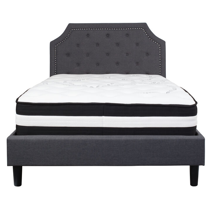 Brighton Full Size Tufted Upholstered Platform Bed in Dark Gray Fabric with Pocket Spring Mattress
