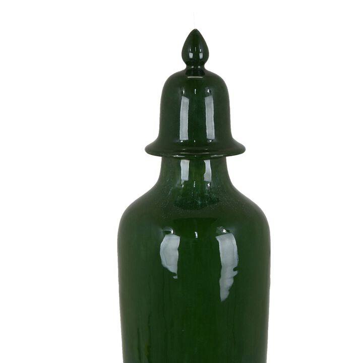 Jesi Accent Temple Jar with Lid, Decorative Green Ceramic, 29 Inch - Benzara