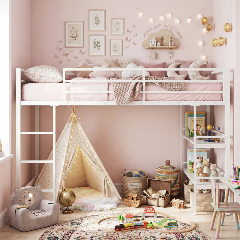 Twin Size Low Loft Bed with Ladder and Storage Shelves Metal Frame image number 1
