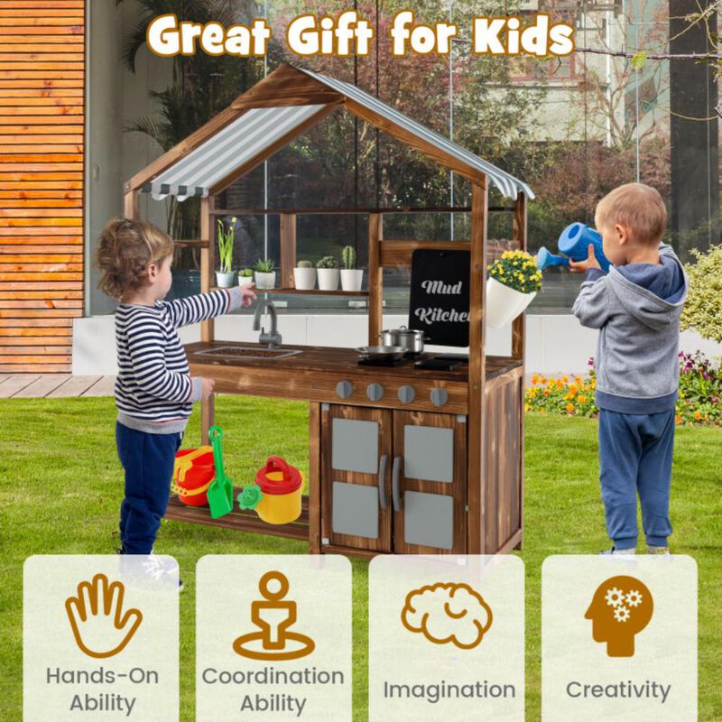 Hivvago Kid's Mud Kitchen Outdoor Solid Wood Mud Kitchen with Canopy