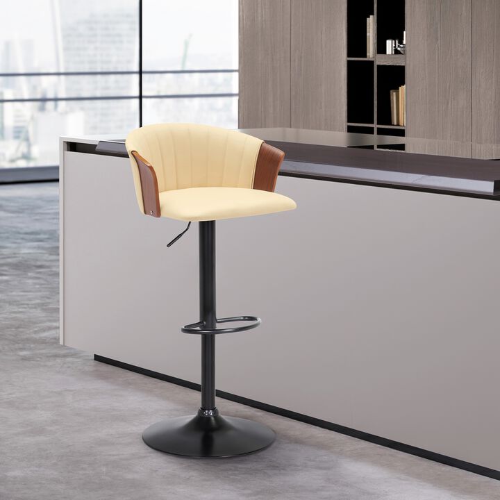 Adjustable Walnut Wood Bar Stool in Cream Faux Leather with Black Metal