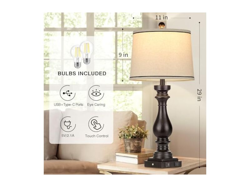 Dimmable Touch Control USB C Farmhouse Table Lamps Set Of 2 For Living Room image number 2