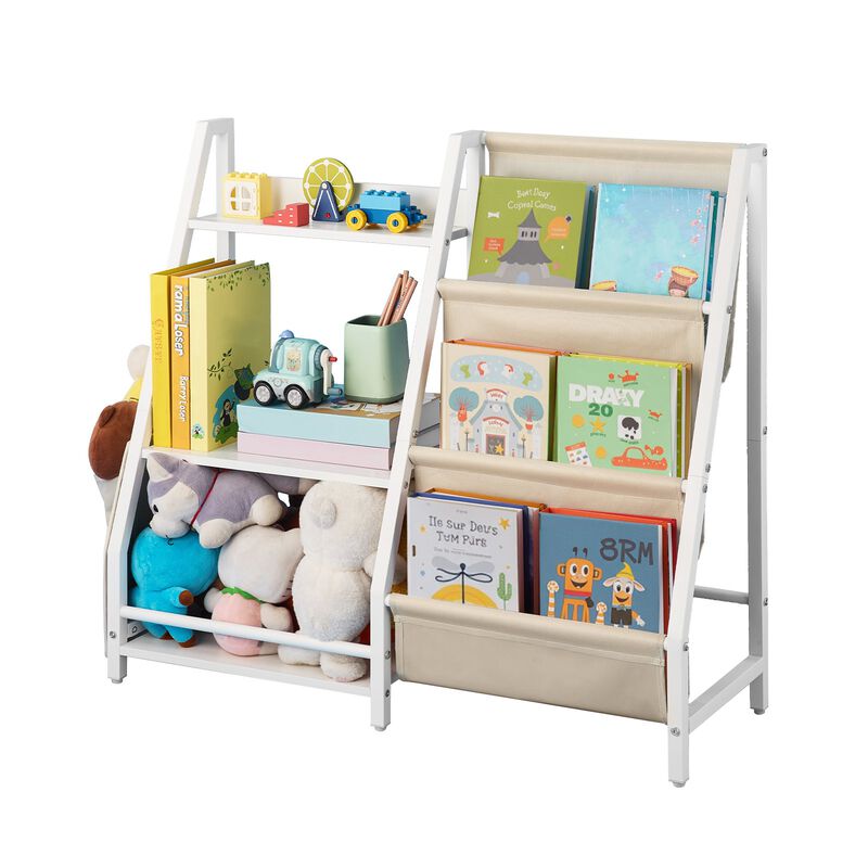 3-Tier White Kids Bookshelf with Sling Book Rack and Toy Storage Organizer image number 4