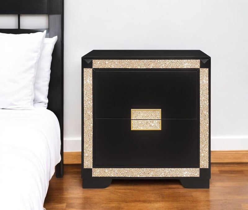 Modern Nightstand with 2 Drawers – Faux Crystal Bling Wood Bedside Table