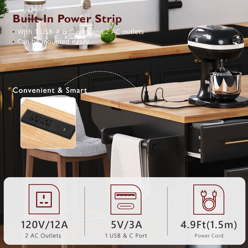 Merax Rolling Kitchen Island with Drop Leaf & Power Outlet - 2 Pull-Out Organizers, Trash Storage, Spice Rack & Towel Holder
