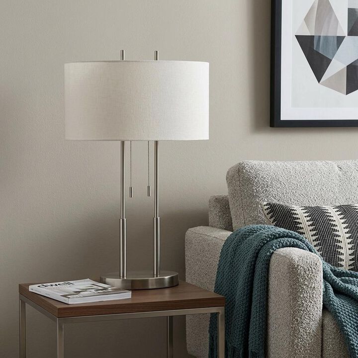 HomeRoots 27" Silver Metal Two Light Bedside Lamp With Off White Drum Shade