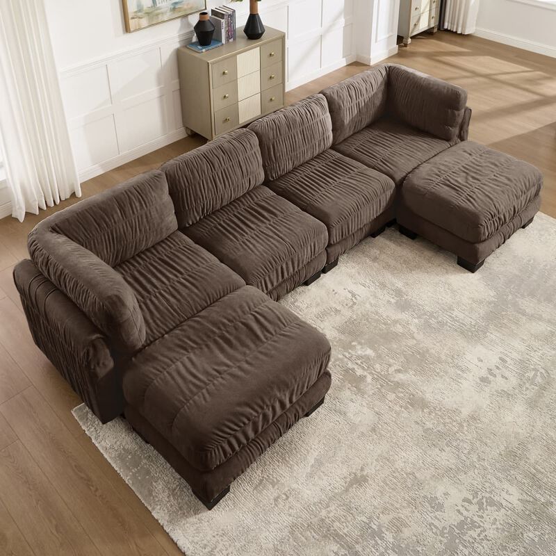 4 seat modular sectional sofa, Chenille L shaped sectional couch with ruched detailing, Modular sectional with 2 movable ottomans image number 3