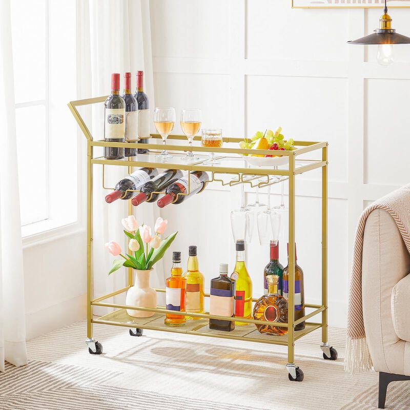 Bar Cart on Wheels with Wine Rack, Glass Holder, and Guardrail for Drinks-Gold image number 3