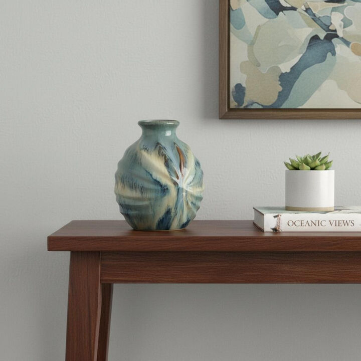 HomeRoots 11" Blue Beige And Brown Abstract Round Ceramic Table Vase