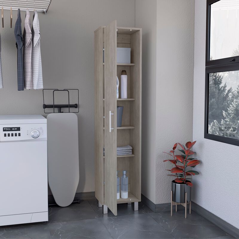 DEPOT E-SHOP Tall Narrow Storage Cabinet with 5-Tier Shelf  70.8H", 3 Broom Hangers and Metal hardware, Smokey Oak