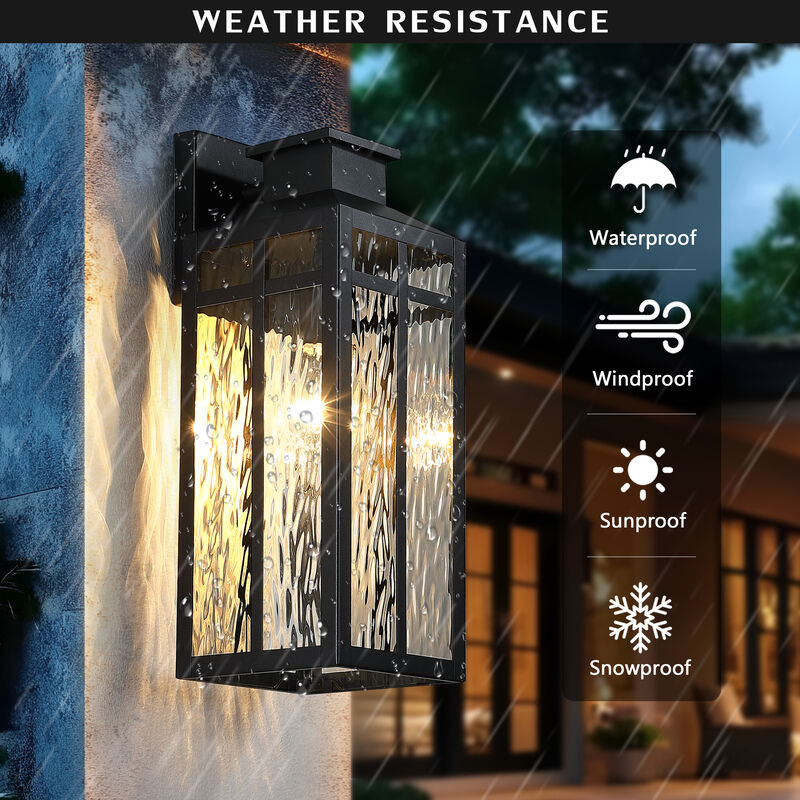 14" Modern Industrial 1-Light Outdoor Wall Lantern with Clear Water Ripple Glass image number 3