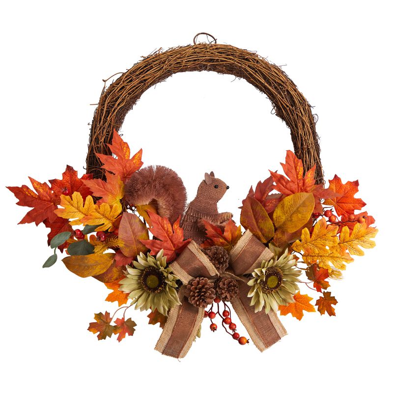 Hivvago 26" Fall Harvest Artificial Autumn Wreath with Twig Base and Bunny