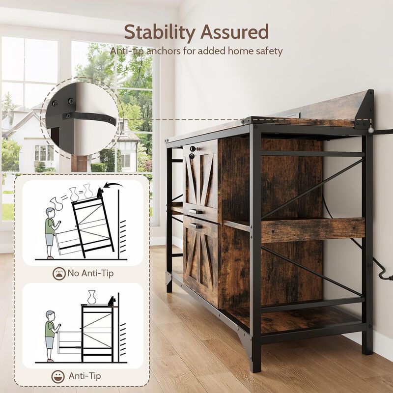 44"W File Cabinet, Lateral Filing Cabinet with 4 Shelves and 2 Drawers, Office Storage Cabinet with Lock & Charging Station, Wooden Printer Stand image number 8
