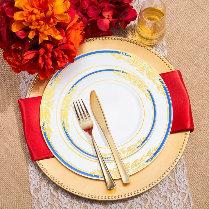 White with Blue and Gold Harmony Rim Plastic Wedding Value Set (30 Sets)