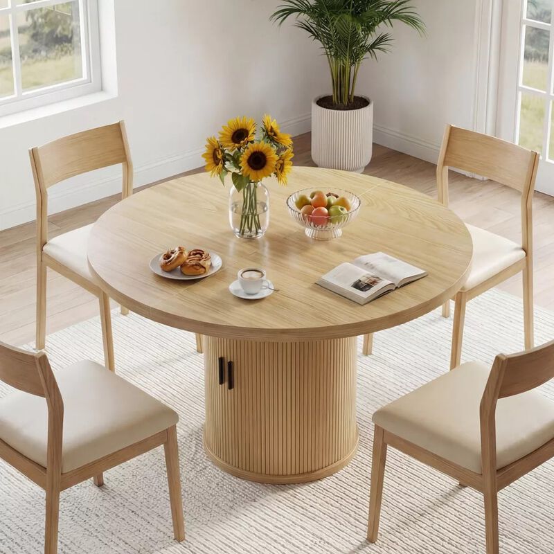 Vipbear 35.43" Round Dining Table for 4, Modern Wooden Kitchen Table with Built-in Storage Shelves image number 7