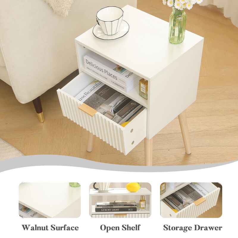 Fultyle Night Stand, White Bedside Table with Drawers and Open Shelf, Fluted Nightstand with Solid Wood Legs for Bedroom, Side T