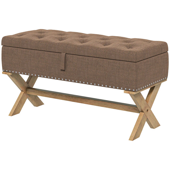 HOMCOM 35.75" End of Bed Bench with Button Tufted Design, Upholstered Ottoman Bench with Wood Legs for Bedroom, Brown