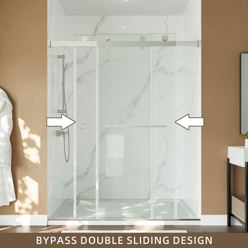 Frameless Stainless Steel Shower Door, 8mm Dual-Sided Easy-Clean Glass with Impact Buffers