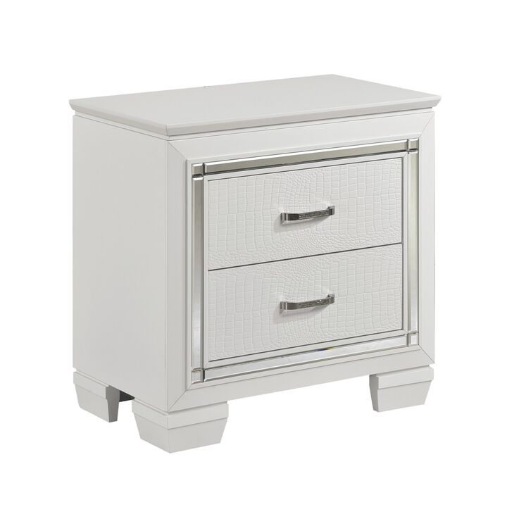 Glamorous Design 1pc Nightstand of 2x Drawers White Finish Faux Alligator Embossed Textured Fronts