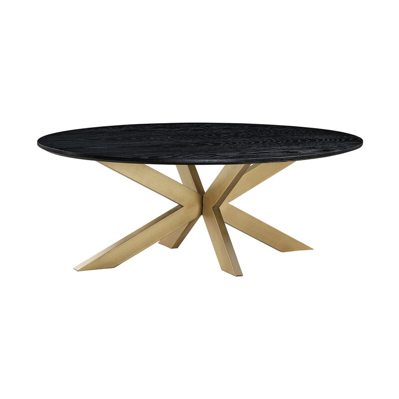 47 Inch Oval Coffee Table, Black Oak Wood, Brass Finished Intertwined Base-Benzara
