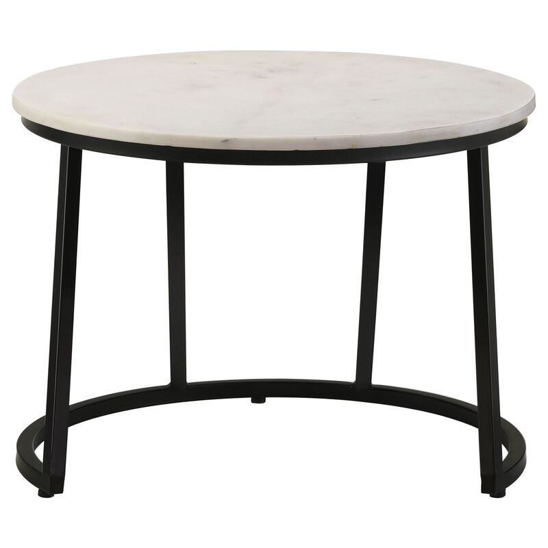 24 Inch Accent Coffee Table, White Marble Top, C Base, Black Metal Finish