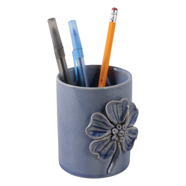 4" Flower Applique Pencil Cup, Blue