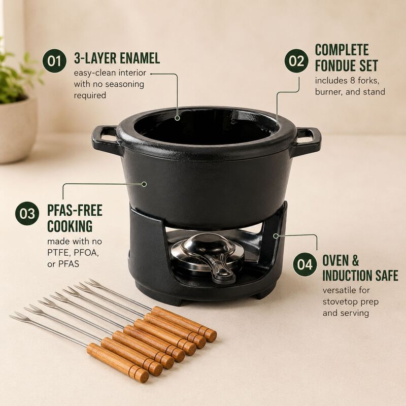 Alva Nori Enameled Cast Iron Fondue Set 2Qt. - Oven Safe and Made without PFAS, PFOA & PTFE - Includes 8 Fondue Forks, Fondue Pot, Adjustable Burner & Stand image number 3