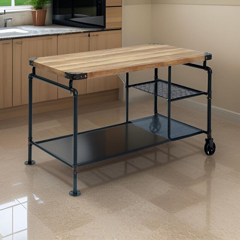 47 Inch Writing Desk, Industrial Caster Wheel, Black Metal, Brown Wood - Benzara