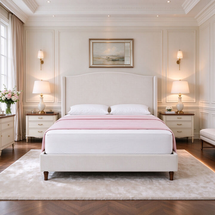 Queen Wingback Upholstered Bed with 54" Camelback Headboard, Ivory Textured Fabric
