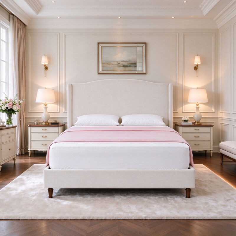 Queen Wingback Upholstered Bed with 54" Camelback Headboard, Ivory Textured Fabric image number 1
