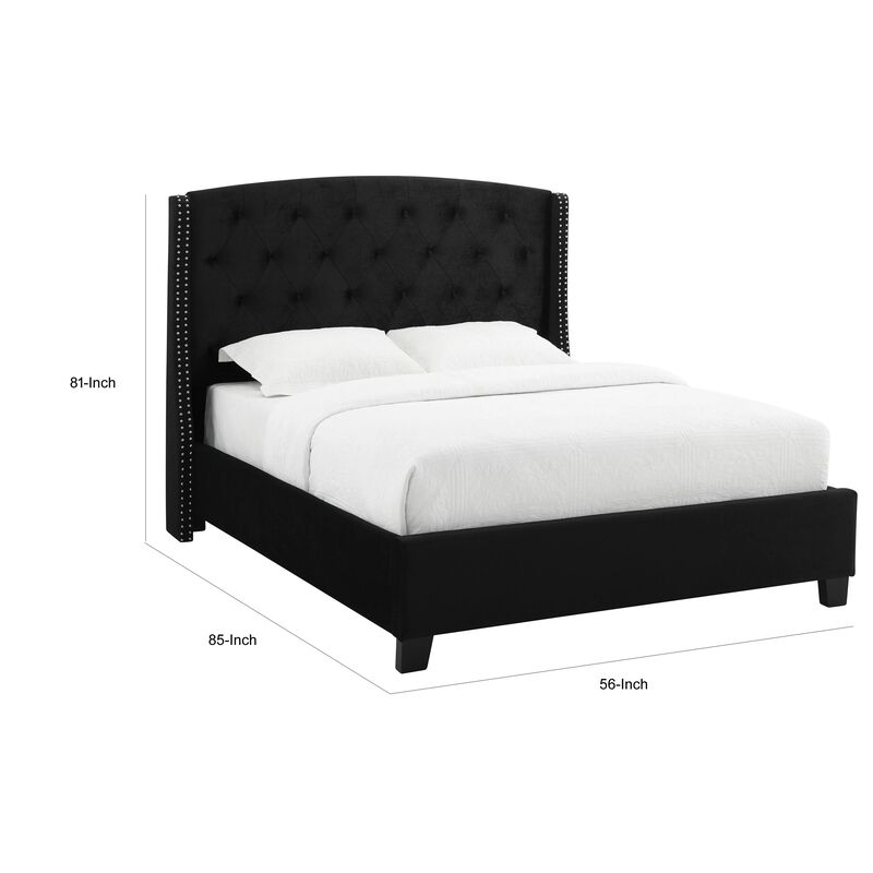 Elle King Size Bed, Low Profile, Button Tufted Upholstered Headboard, Black - Benzara