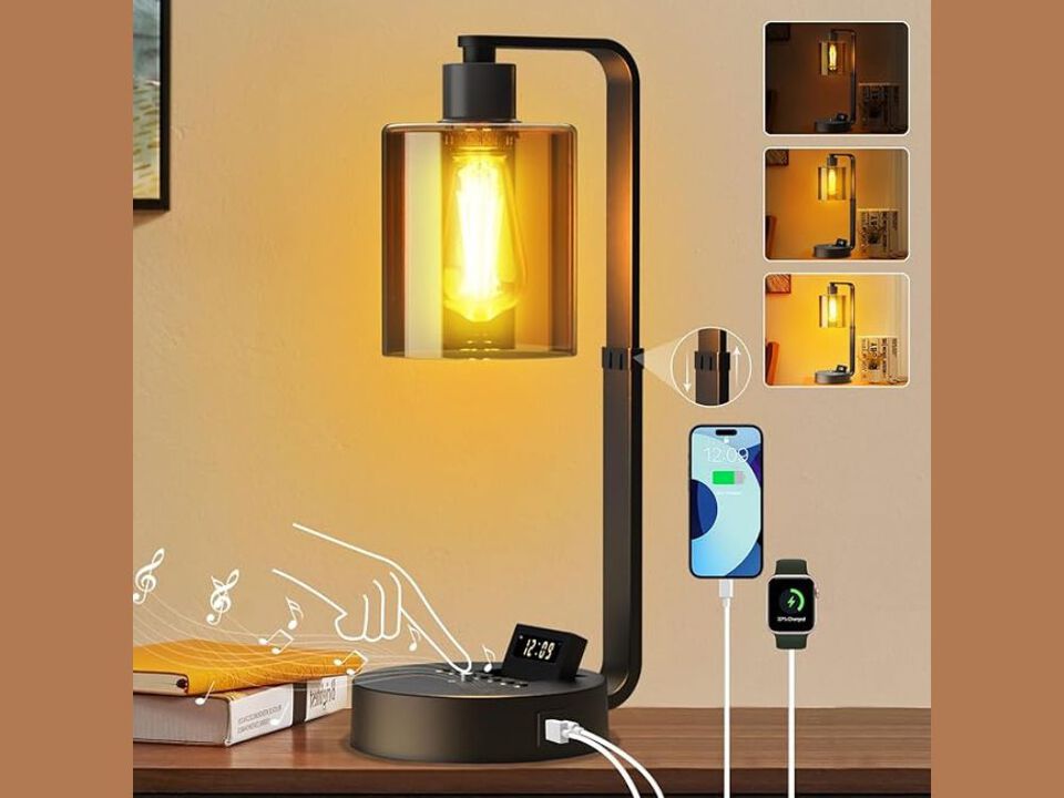 Table Lamp &ndash; Industrial Touch Dimmable Bedside Light, USB‑A/C, Alarm & Speaker