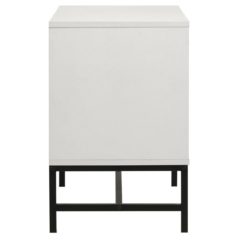 Noro Nightstand, 24 Inch, 2 Storage Drawers, Modern White, Black Metal