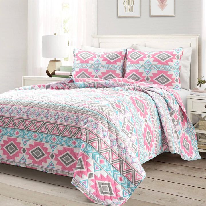 Southwest Style Polyester Pink Blue Striped Reversible Quilt Set