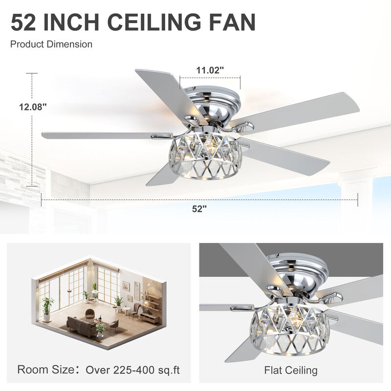 Breezary 52" Flush Mount Ceiling Fan with Light, 3 E12 Bulbs Required, 6 Speeds, Remote, 5 Blades image number 4