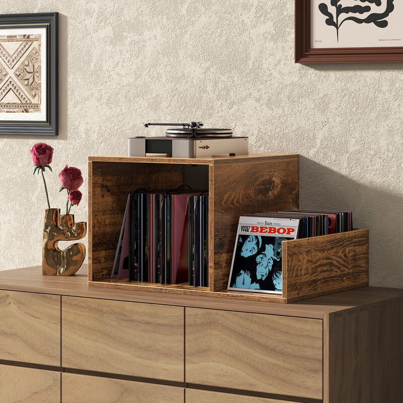 Mid-Century Record Player Stand with Power Outlet and Vinyl Storage Divider