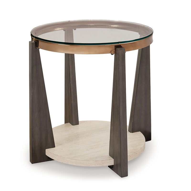 Miu Side End Table, 24 Inch Round Glass Top w Shelf, Brown Angled Base