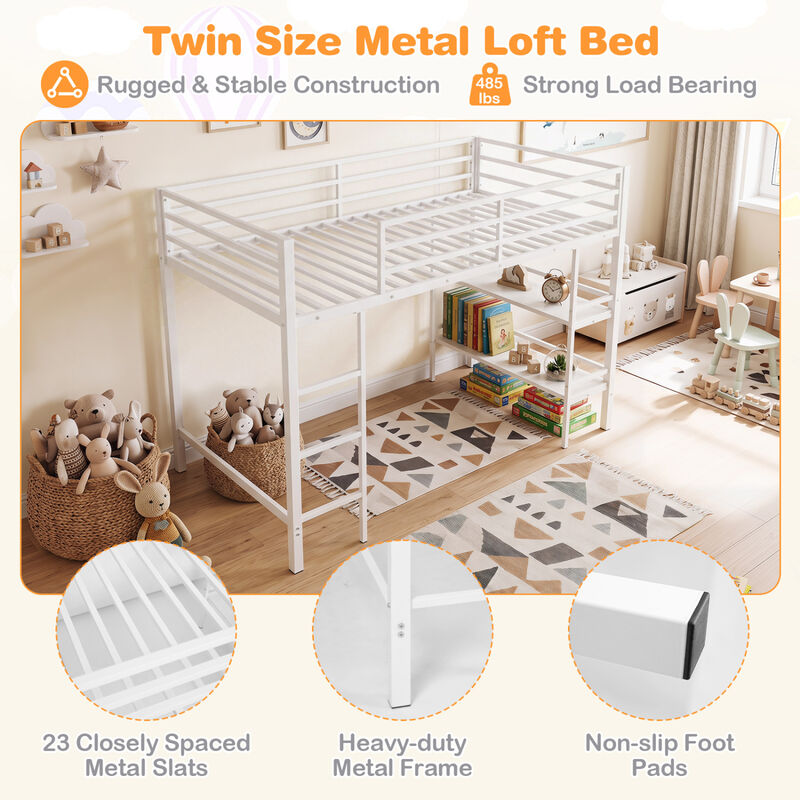Twin Size Low Loft Bed with Ladder and Storage Shelves Metal Frame image number 4